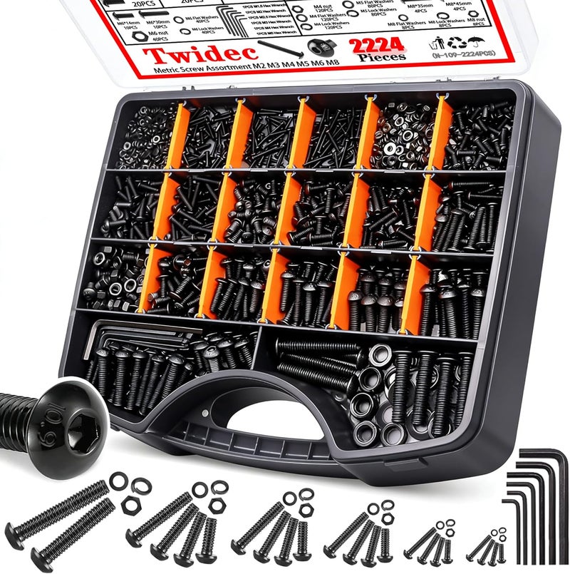 Twidec /2224PCS Metric Screw Assortment M2 M3 M4 M5 M6 M8 Machine Screws(4mm-45mm long) Grade 10.9 Button Head Hex Socket Cap Screws Metric Bolts Nuts Washer Assortment Kit Black Screws - Image 1